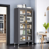 Grey Multilevel Kitchen Microwave Storage Cabinet with Open-Door Shelving