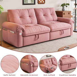 English Elm It 77-inch convertible velvet sofa bed, 2-in-1 loveseat to guest bed with steel frame, high-resilience foam comfort Pink W3820S00016