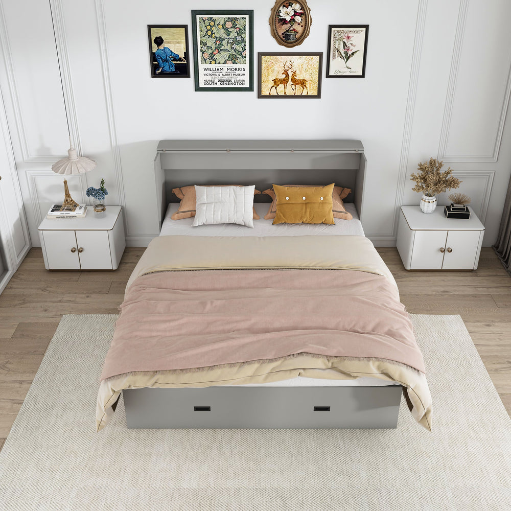 English Elm 57 Inch Murphy Bed Cabinet with Storage Drawers Charging Station and Rolling Casters Gray W509S00156