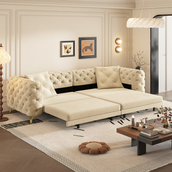 English Elm 97.6" Oversized Velvet Chesterfield Sleeper Sofa Floral Tufted Roll Arm Living Room Couch Apricot W1885S00201