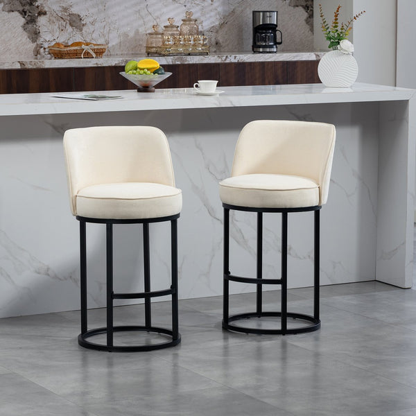 English Elm Counter Height Barstools Set of 2 Linen Upholstered Barrel Seat with Iron Legs Beige W395P410430