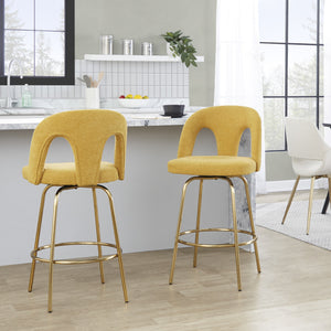 English Elm Fixed-height Swivel Counterstools with White Upholstery Gold Footrest Set of 2 Yellow B202S01783