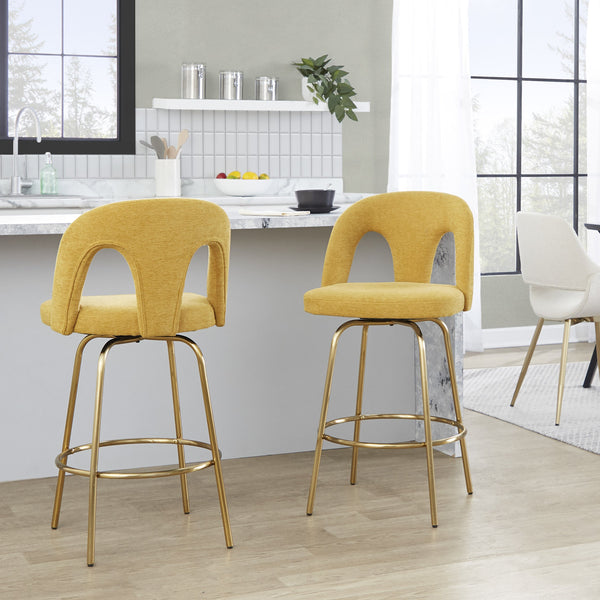 English Elm Fixed-height Swivel Counterstools with White Upholstery Gold Footrest Set of 2 Yellow B202S01783