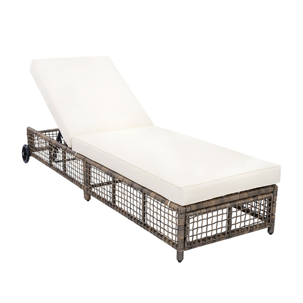English Elm Trexm Outdoor Pe Rattan Chaise Lounge Iron Frame Poolside Chair with Adjustable Backrest Beige,Grey Brown TM000016AAN