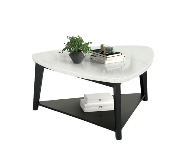 English Elm Contemporary 3-Piece Table Set: Triangle Coffee Table & Square End Tables With Marble Top Storage B2741S00644