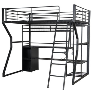 English Elm Full Size Metal Gaming Loft Bed With Workstation, Led Lights, Storage Solutions & Open Wardrobe N7090000666B