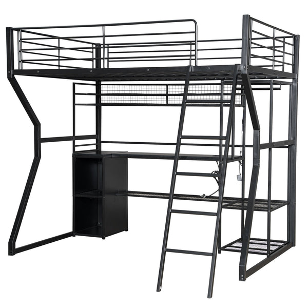 English Elm Full Size Metal Gaming Loft Bed With Workstation, Led Lights, Storage Solutions & Open Wardrobe N7090000666B