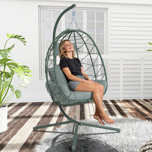 English Elm Egg Hanging Chair with Stand Pe Rattan Swing Seat Washable Cushion 350lb Capacity T5880P497439