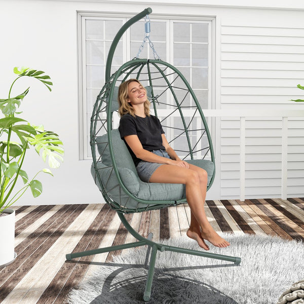 English Elm Egg Hanging Chair with Stand Pe Rattan Swing Seat Washable Cushion 350lb Capacity T5880P497439