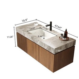 English Elm MURI Wall-Mounted 48" Bathroom Vanity with Durable Sintered Stone Top, Ceramic Basin, Soft-Close Brown Oak,Light Gray W2615S00095