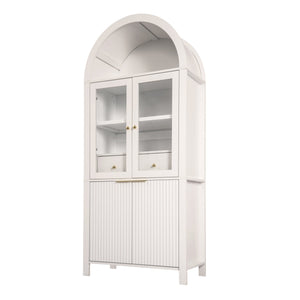 English Elm 71" Fluted Tall Arched Pantry Cabinet with Tempered Glass Door, Adjustable Shelves, Silent Drawer, Anti-Tip Safety and Stylish Metal Handles for Kitchen Living Dining White W2917P384723