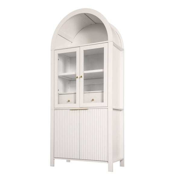 English Elm 71" Fluted Tall Arched Pantry Cabinet with Tempered Glass Door, Adjustable Shelves, Silent Drawer, Anti-Tip Safety and Stylish Metal Handles for Kitchen Living Dining White W2917P384723