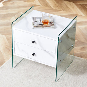 English Elm Double-drawer modern bedside table with MDF surface, tempered glass sides, elegant storage design W1151P191734