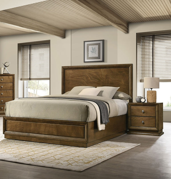 English Elm Walnut Finish King Bedroom Set Carved Headboard Rubberwood Frame with Two Nightstands B2741S00217