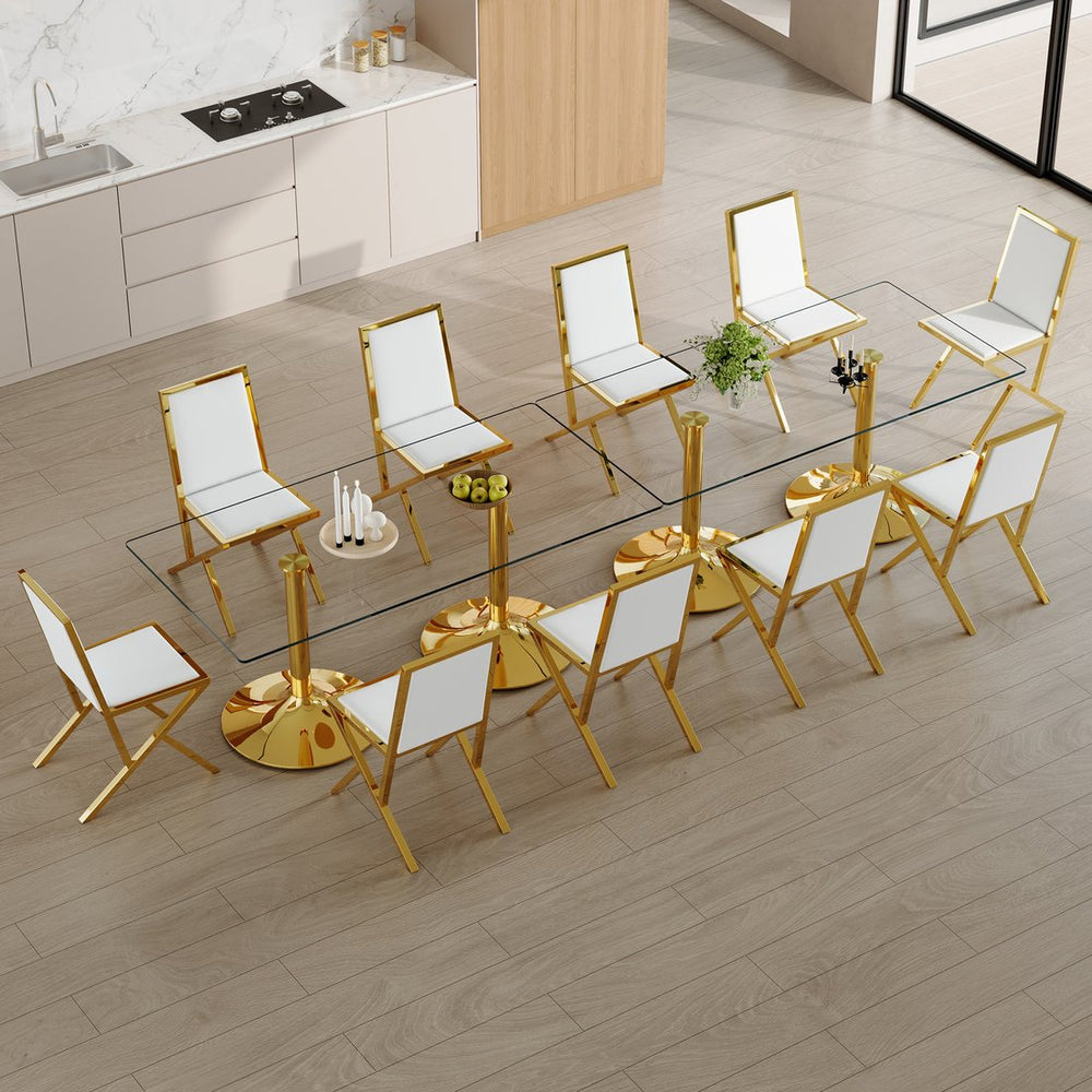 English Elm Table and Chair Set 12 Piece Tempered Glass Dining with Gold Metal Legs Modern Transparent,White+Gold W1151S04773