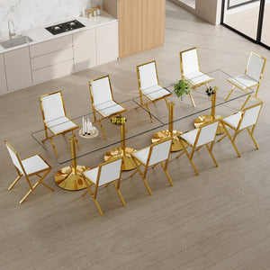 English Elm Table and Chair Set 12 Piece Tempered Glass Dining with Gold Metal Legs Modern Transparent,White+Gold W1151S04773