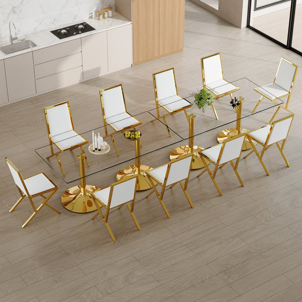 English Elm Table and Chair Set 12 Piece Tempered Glass Dining with Gold Metal Legs Modern Transparent,White+Gold W1151S04773