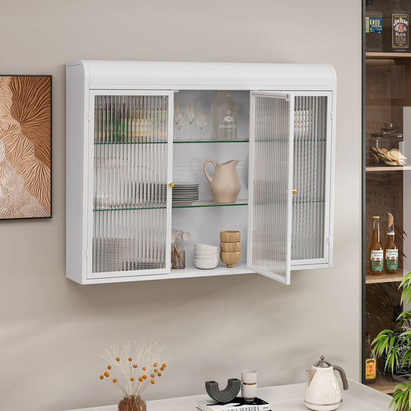English Elm 3 Door Arched Wall Mounted Glass Cabinet with Wide Top Narrow Bottom Design for Stylish Storage and Display White W757P221502