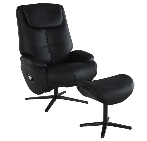 English Elm Black Motion Swivel Accent Chair with Ottoman - Reclining Top-Grain Leather Comfort, Metal Base Rotates B062P215445
