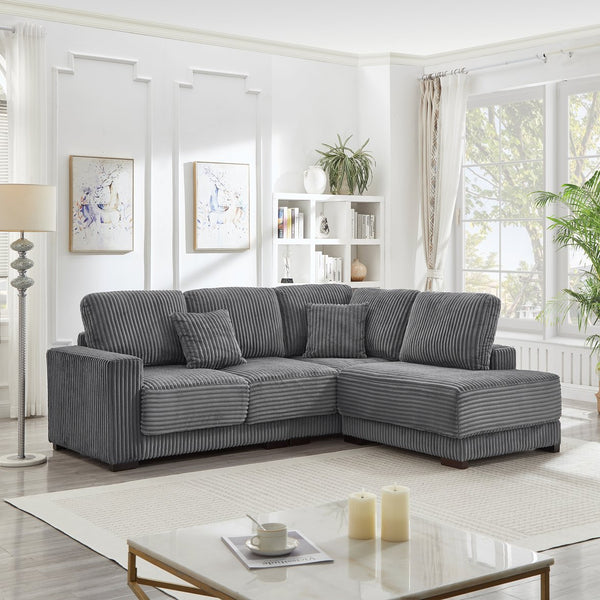 English Elm 93" Sectional Sofa L-Shaped Upholstered Corduroy 3-Seater with Reversible Chaise, Solid Wood Frame, Plush Coil-Foam Cushions Grey W1097S00222