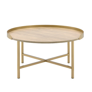 English Elm Modern Round Coffee Table with Cross-Bar Metal Base and Chic Metallic Finish for Elegant Living Spaces Gold,Oak 38 L x 38 W x 7 H B2741P337025