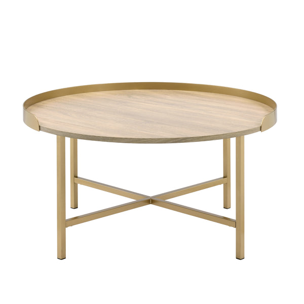 English Elm Modern Round Coffee Table with Cross-Bar Metal Base and Chic Metallic Finish for Elegant Living Spaces Gold,Oak 38 L x 38 W x 7 H B2741P337025