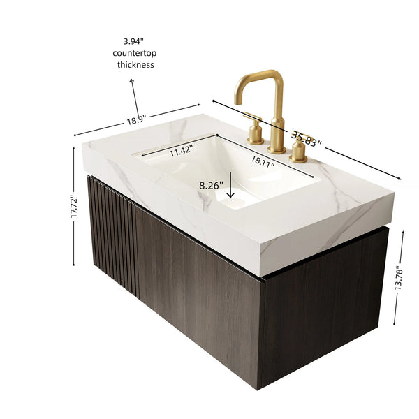 English Elm Muri Floating Bathroom Vanity Plywood Cabinet Sintered Stone Top Espresso Woodgrain W2615S00635