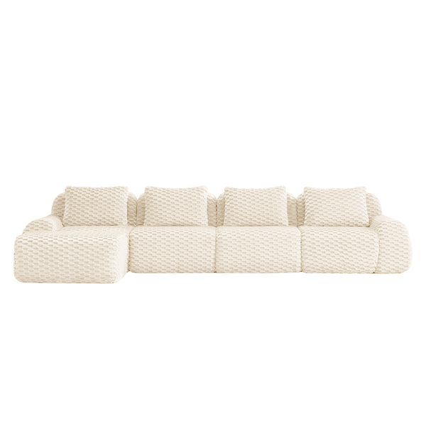 English Elm 146" Modular L-shaped Sectional Flannelette Sofa with Ottoman Tool-free Living Room Setup Cream W714S01522