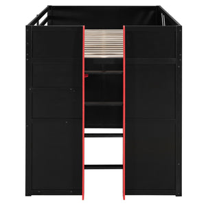 English Elm Full Size Loft Bed with Desk Blackout Curtains Rgb Lighting and Integrated Storage Black+Red LT000377AAJ
