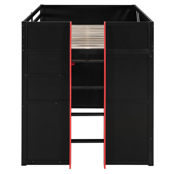 English Elm Full Size Loft Bed with Desk Blackout Curtains Rgb Lighting and Integrated Storage Black+Red LT000377AAJ