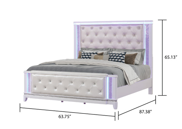 English Elm Opium Queen Bed with Tufted LED Headboard, Milky White Upholstery, Glam Hollywood Style, Durable Build B009S01014