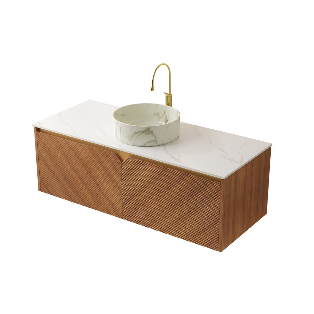 English Elm Ruben 48" Floating Bathroom Vanity With Round Ceramic Basin & Sintered Stone Top, Brown Oak Finish W2615S00483-GIGA