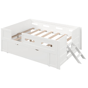 English Elm Wood Twin Platform Bed for Kids with Fence Guardrail and Under Storage Drawer White N709P385776K