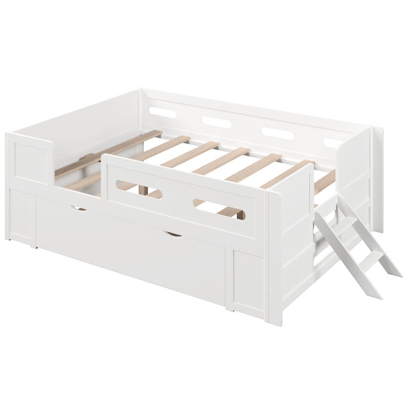 English Elm Wood Twin Platform Bed for Kids with Fence Guardrail and Under Storage Drawer White N709P385776K