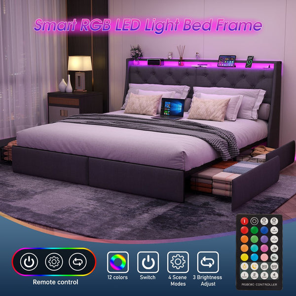 English Elm Queen Storage Platform Bed with Rgb Lighting Linen Headboard and Built-in Charging T3963P437321