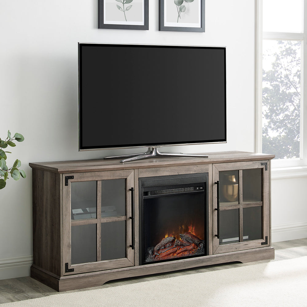 English Elm Walker Edison - Transitional Grey Wash 60" Farmhouse TV Stand with LED Electric Fireplace, 2-Glass Doors, 65" Capable B185P244239