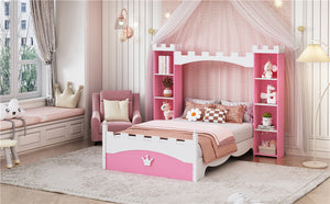 English Elm Castle-Shaped Twin Bed with Crown Footboard and Built-In Shelves, Sturdy MDF/Pine Frame for Kids Pink+White 56.69 L x 17.72 W x 5.51 H N733S177379H