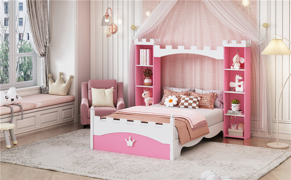 English Elm Castle-Shaped Twin Bed with Crown Footboard and Built-In Shelves, Sturdy MDF/Pine Frame for Kids Pink+White 56.69 L x 17.72 W x 5.51 H N733S177379H
