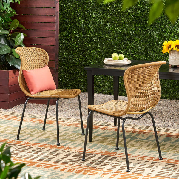 English Elm Boho Faux Rattan Outdoor Dining Chairs Wicker Weave Scroll Back Patio Set of 2 66899.00LBRN