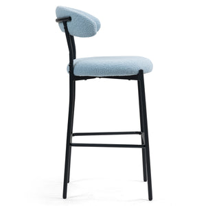 English Elm 26'' Teddy Counter Height Bar Stool Blue Fabric Cover with Soft Cushion, Stylish Backrest, Black Powder-Coated Base and Footrest for Kitchen Island (Set of 1) W2215P292148