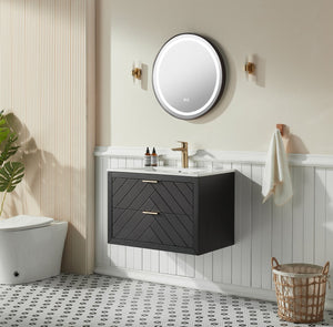 English Elm 30" Tiered Black Wall-Mounted Floating Vanity with Ceramic Sink, Center Storage Nook for Towels & Toiletries W1826P343434