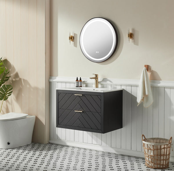 English Elm 30" Tiered Black Wall-Mounted Floating Vanity with Ceramic Sink, Center Storage Nook for Towels & Toiletries W1826P343434