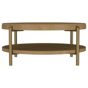 English Elm Benson Round Coffee Table with Rattan Shelf Brass Legs and Bold Matte Finish Sand B062P440110