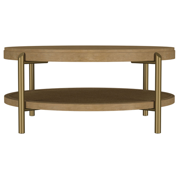 English Elm Benson Round Coffee Table with Rattan Shelf Brass Legs and Bold Matte Finish Sand B062P440110