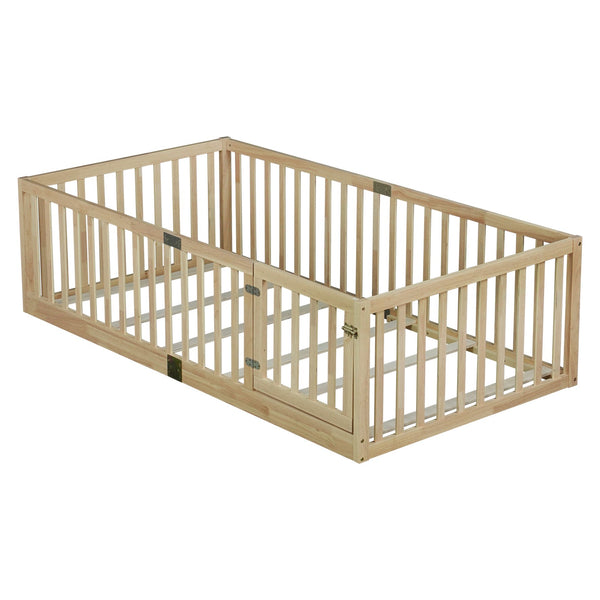 English Elm Twin Montessori Floor Bed Solid Rubber Wood with Safety Fence Rails Toddler Room W504P411198