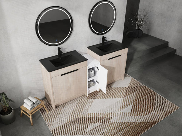 English Elm 72 Inch Freestanding Bathroom Vanity Set With Black Ceramic Sinks, Soft-Close Doors & Storage Solutions W999S00319