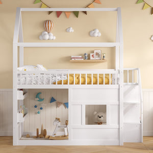 English Elm Full Size Solid Wood House Bed with Led Shelf Lighting for Kids Bedroom White N7500005026K