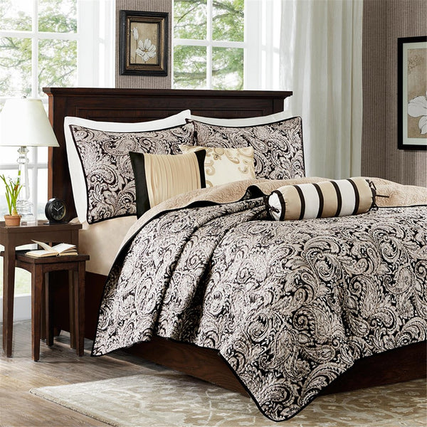 English Elm 6 Piece Aubrey Jacquard Quilt Set Reversible Paisley Weave with Metallic Sheen and Decorative Pillows Black 22.83 L x 18.11 W x 7.48 H B03597448