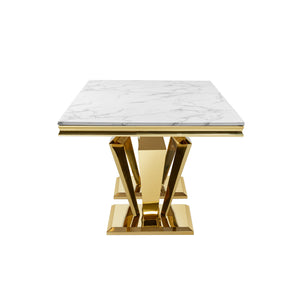 English Elm Luxury Gold Pvd Steel Rectangular Dining Table with Black Tempered Glass Seats Six White+Gold W2723S00086
