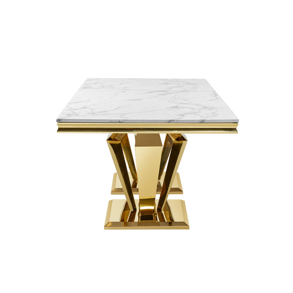 English Elm Luxury Gold Pvd Steel Rectangular Dining Table with Black Tempered Glass Seats Six White+Gold W2723S00086